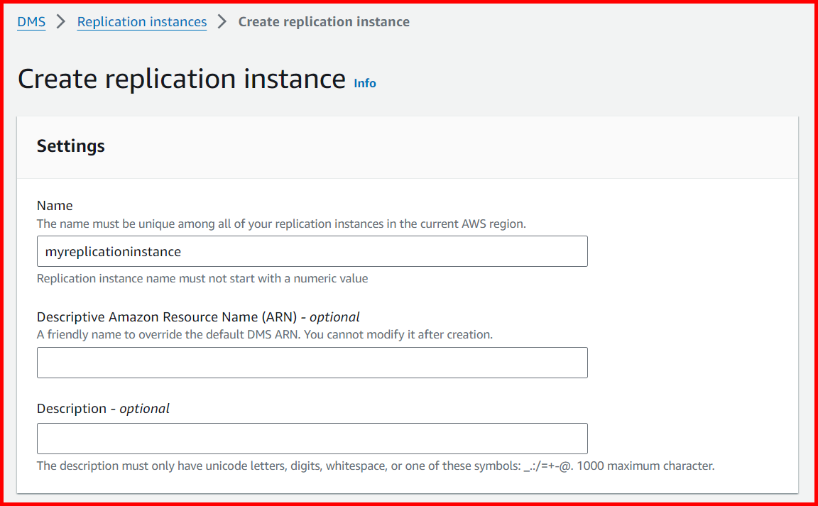 Picture showing the screen for entering the replication instance name